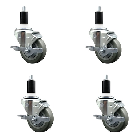 Service Caster 3.5'' SS Gray Poly Swivel 1-3/8'' Expanding Stem Caster Set with Brake, 4PK SCC-SSEX20S3514-PPUB-TLB-138-4